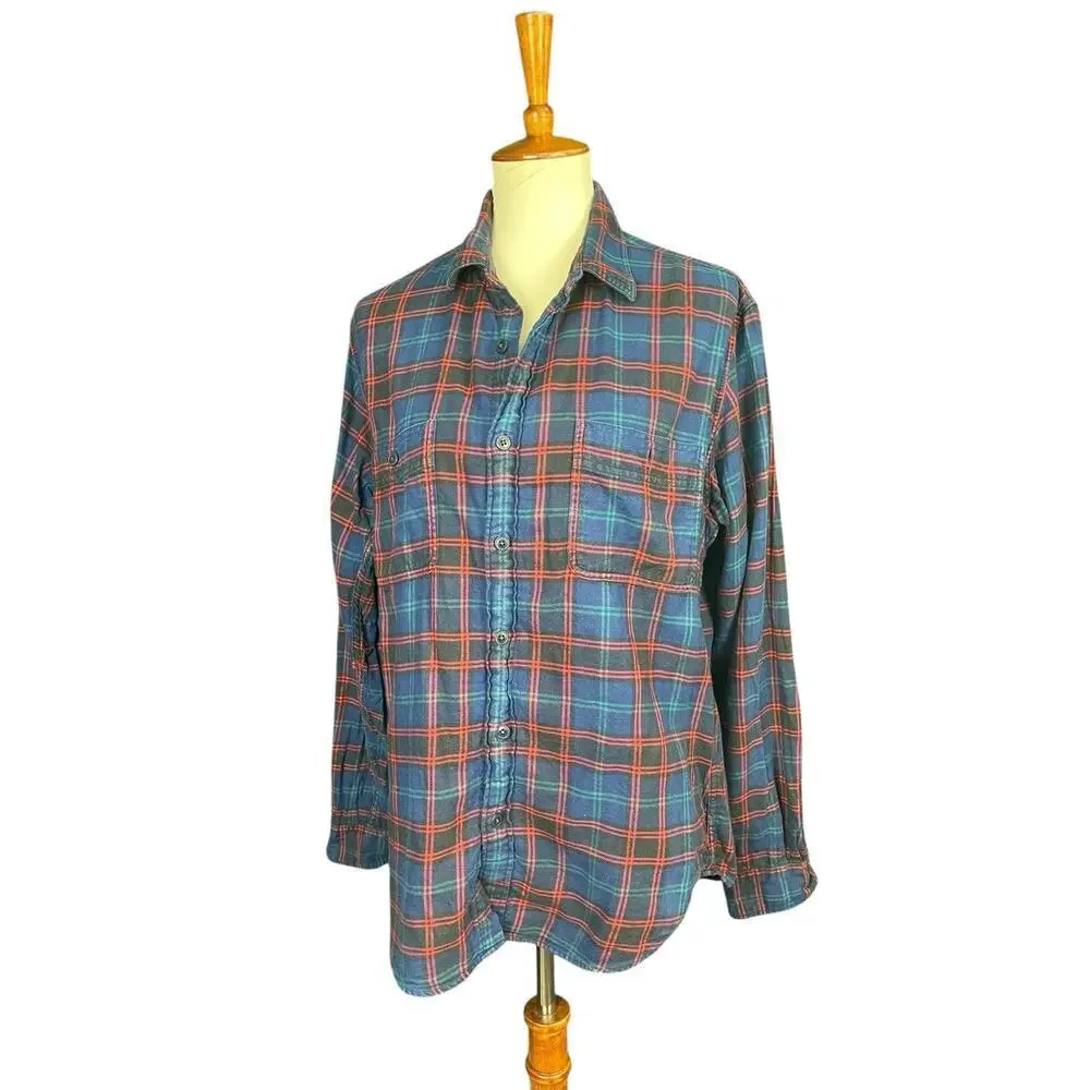J Crew Flannel Shirt Slim Pockets Cotton Plaid Blue Green Red L Grunge Unisex